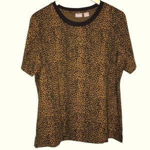 Chico’s Black Tan Animal Print Short Sleeve Sweater Size 3 XL Stretchy
